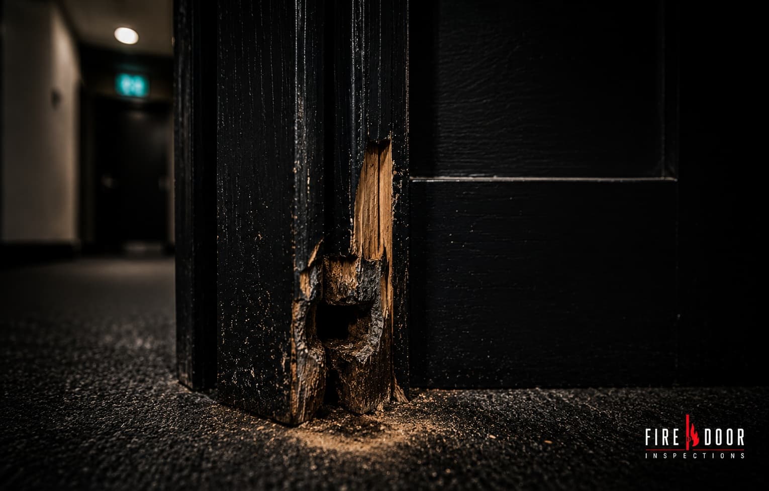 Damaged fire door frame recorded during inspection